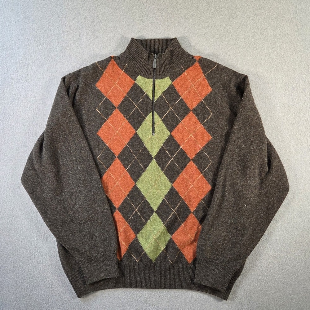 Barbour Sweater Mens Large Brown Wool Argyle 1/4 Zip Pullover Scotland Jumper